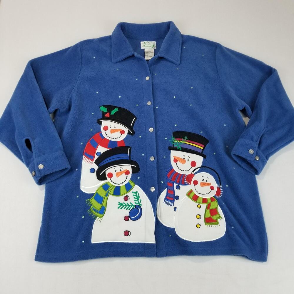 Quacker Factory Jacket Womens 1X Blue Fleece Applique Snowman Christmas A51112